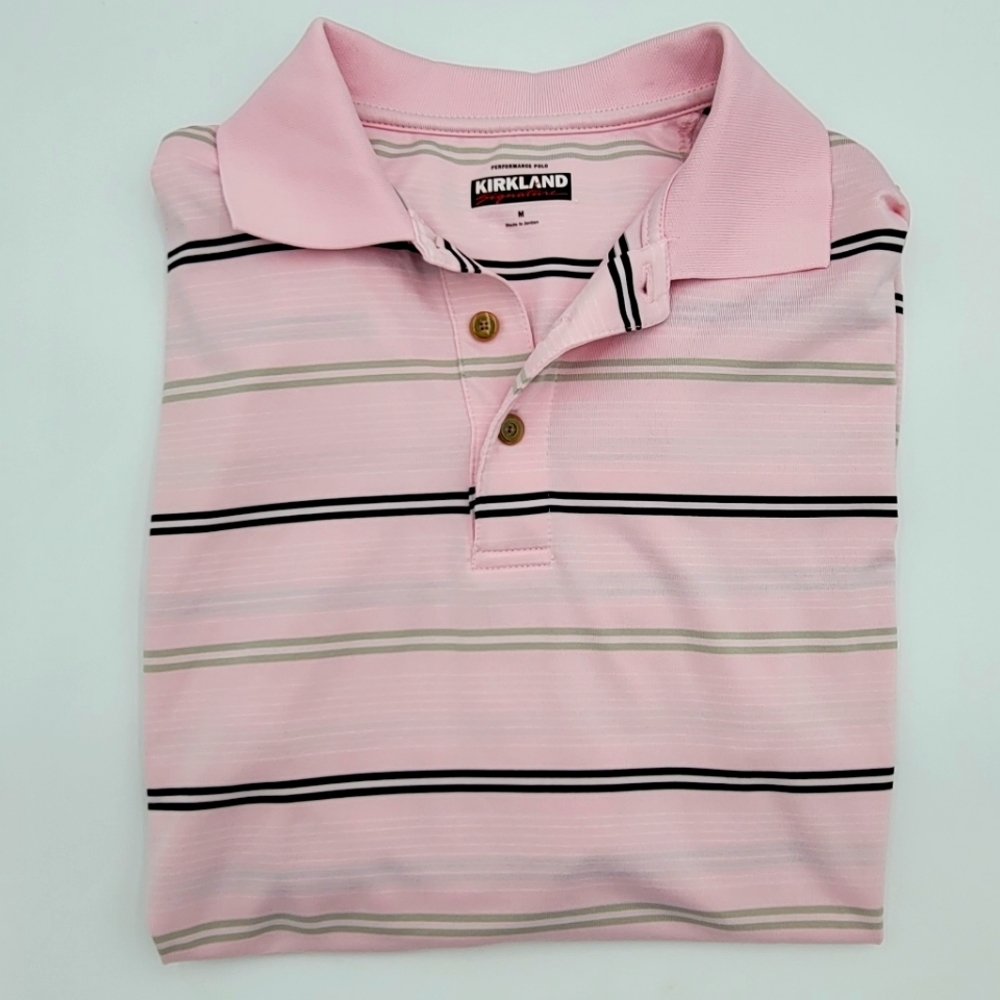 Kirkland Signature Men's Pink  Striped Polo Golf Shirt Medium